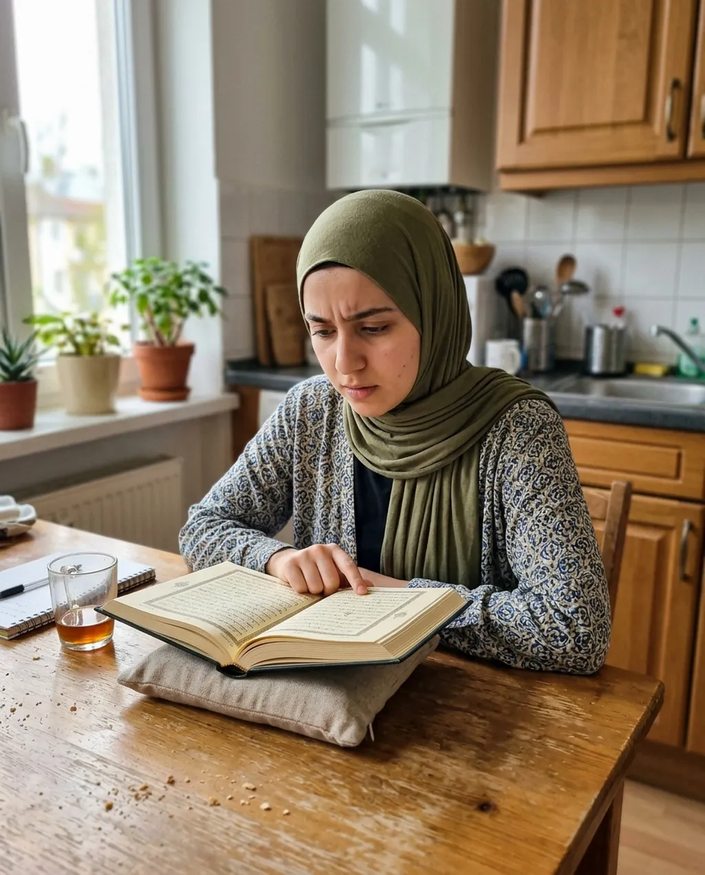 A young woman reading the Quran without understanding the Arabic